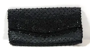 Vtg‎ Black Beaded Satin Evening Clutch Micro Bead Flowers Snap Close Hong Kong thumbnail 1