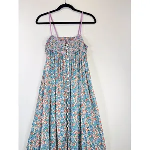 Free People Maxi Dress Blue Molly Jo Floral Button Down Cutout Back Smocked XS thumbnail 7