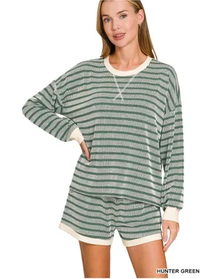 Raised Rib Striped Pullover & Shorts Set – Hunter Green Small thumbnail 2
