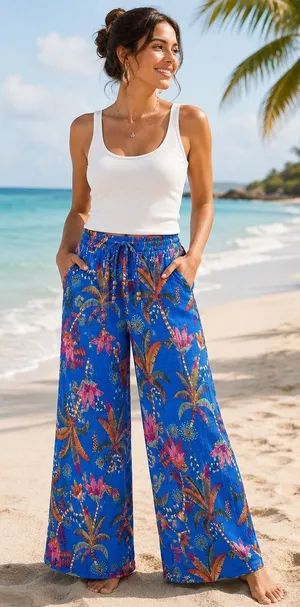 Rachel Roy Tropical Crinkle Medium Beach Wide Leg Pants Vacation Resortwear thumbnail 1
