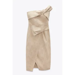 Zara Asymmetric Pencil Dress Slip‎ Midi Camel Taupe Beige Size XS Linen Feel thumbnail 14