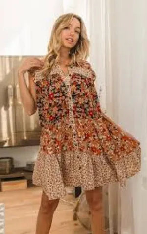 BiBi Floral mini dress, flutter sleeves, button thumbnail 1