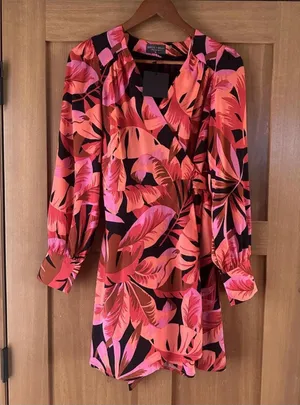 NWT Dress Forum Floral Wrap Mini Dress Pink Long Sleeve Women’s Medium thumbnail 1