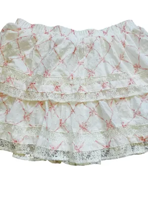 Francesca’s White & Pink Bow Print Ruffle Lace Trim Mini Skirt Feminine Cottage thumbnail 4