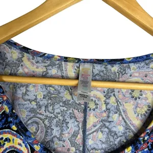 Boho Paisley Swing Dress Festival Cottagecore Soft Stretch Blue Yellow Women's L thumbnail 4