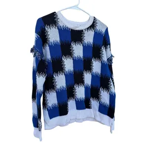Cato Blue White Checkered Frayed Scoop Neck Sweater Size Large thumbnail 2