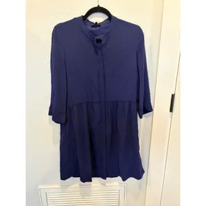 Quince Stretch Crepe Shirt Dress Textured Navy Blue Drop Waist Pocketed Small thumbnail 6