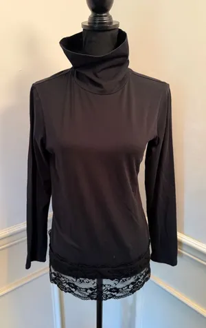 Sundance Elan Black Mock Neck Lace Trim Long Sleeve Top Minimalist Capsule thumbnail 1