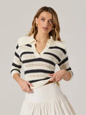ASTR Striped Open Knit Polo Sweater top short sleeve crochet coverup collar thumbnail 1