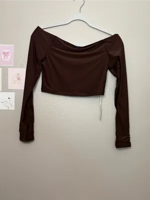 Aerie Smoothie’s Off Shoulder Long Sleeve Crop Top Chocolate Brown large boho thumbnail 2