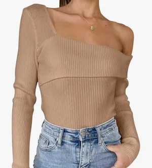 One-Shoulder Ribbed Asymmetrical Knit Top in Camel Brown Size S thumbnail 1