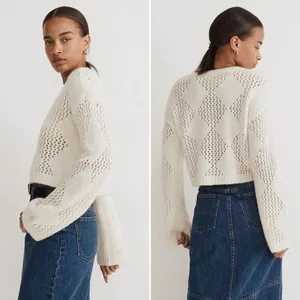 Madewell Diamond-Stitch Crewneck Crop Sweater in Cream thumbnail 2
