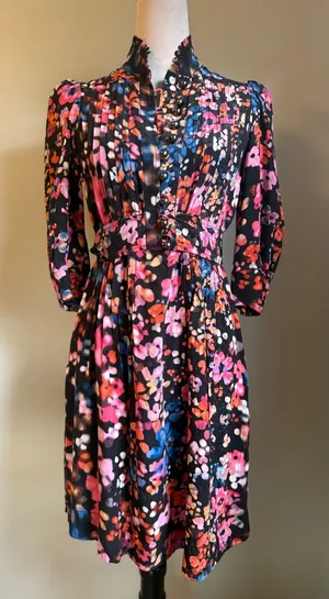 Plenty by Tracy Reese Floral Pleated Mock Neck Midi‎ Dress Black Pink Blue thumbnail 1