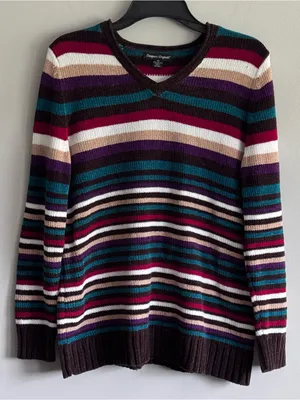 Designers Originals Striped V-Neck Sweater in Teal, Burgundy, Purple & Cream thumbnail 1
