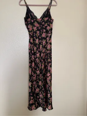 Zara Black Rose Floral Satin Maxi Slip Dress XS Lace Trim Dark Coquette Y2K thumbnail 6