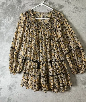 Free People‎ Free Swinging Floral Mini Dress Boho Peasant Tiered Ruffle Small thumbnail 1