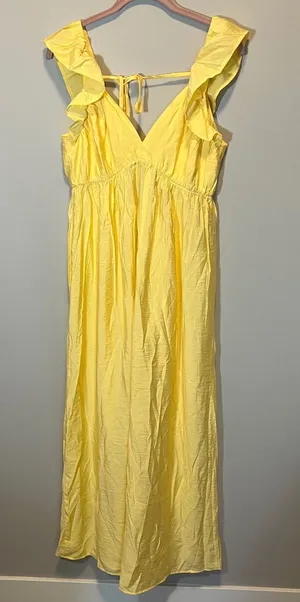 Vero Moda Josie SL Ankle Frill Dress Yellow Ruffle Cutout Maxi Pale Banana L NWT thumbnail 1