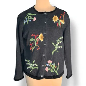 Susan Bristol Vintage Black Floral Embroidered Cotton Cardigan Dark Romance Knit Sweater thumbnail 3