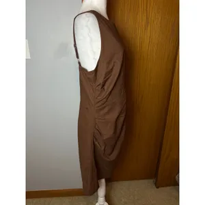 Commense Brown Cotton Linen Ruched Draped Mini Dress Boat Neck NWT Size L thumbnail 4