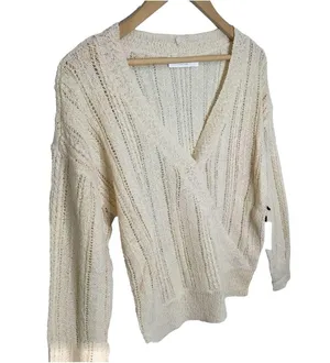 New ASTR Faux Wrap Pointelle Knit Long Sleeve Sweater Top Pullover Cream L thumbnail 5