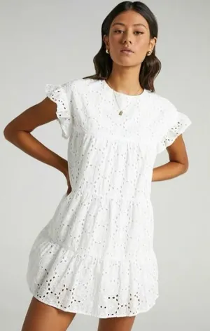 Showpo Mini Dress Womens US 8 White Eyelet‎ Tiered Ruffle Sleeve Bridal Preppy thumbnail 1
