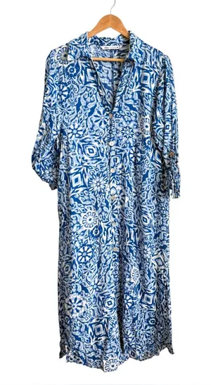 Zara Blue Printed Midi Shirt Dress Button Front Flowy Medium thumbnail 1