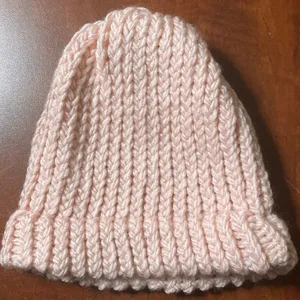 Handmade light pink knit beanie hat for adults thumbnail 1