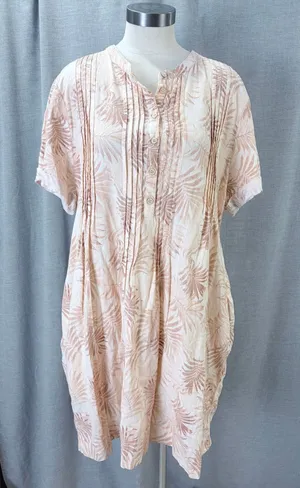 Faherty Linen Blend‎ Palm Print Pintuck Henley Shift Dress Peach Cream XXL thumbnail 1