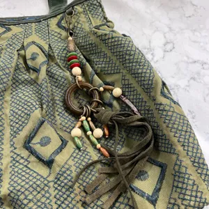 Boho Olive Green Geometric Woven Tote Bag with Beaded‎ Tassel Charm thumbnail 2