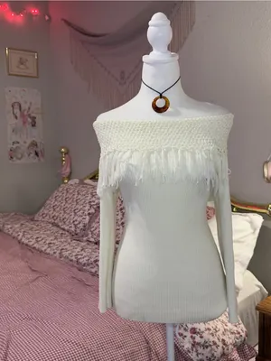 Y2K Off-Shoulder Fringe Knit Sweater - Ivory thumbnail 2