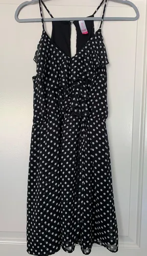 No Boundaries Black And White Polka Dot Dress With Ruffles Spaghetti Strap With Button Closure thumbnail 1