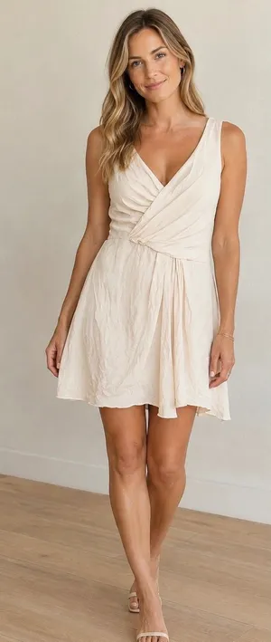 Peruvian Connection Cream Draped V-Neck Sleeveless Mini Dress Size L thumbnail 1