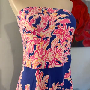 Lilly Pulitzer Lolita strapless midi dress Blue Pink SIZE M Medium Padded Chest thumbnail 2
