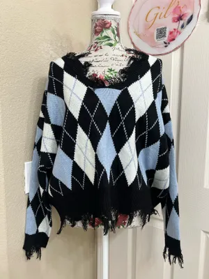 Just Polly Y2K Grunge Distressed Argyle Knit Sweater Size XL NWT Blue thumbnail 2