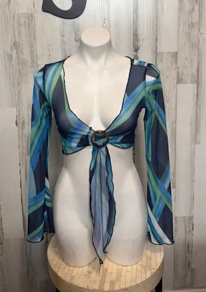 SheIn Abstract Print Mesh O-Ring Tie Front Crop Top Womens Small Blue Green Long Sleev thumbnail 1