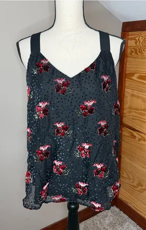Loft Velvet Floral Swiss Dot Wide Strap V-Neck Tank Top Medium M Black Red Blue thumbnail 1