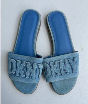 DKNY Women's Willow Bold Logo Strap Denim Slide Flat Sandals 7 thumbnail 1