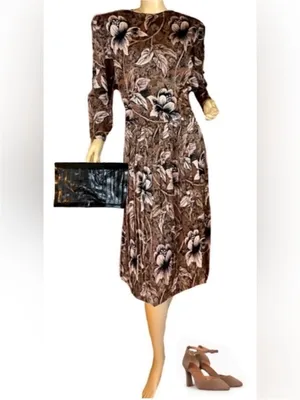 Vintage 1980'S Alexis Fashions Brown & Black Floral Print (L) thumbnail 2