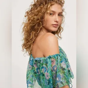 Mango Ruffle One-Shoulder Frill Hem‎ Floral Print Maxi Dress Green Size 2 thumbnail 5
