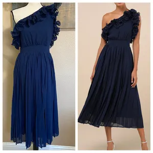 NWOT Lulus Splendid Charisma Navy Ruffled Pleated One-Shoulder Midi Dress thumbnail 2