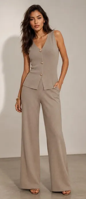 Knit 2 Piece Set Gold Button Vest Top Wide Leg Pants Chic Lounge Outfit L thumbnail 1