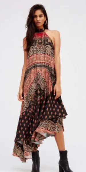 Free People Bohemian Halter Maxi Dress - Black and Pink thumbnail 1