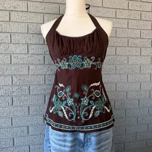 Heart soul Y2K Halter Top Tank Top Brown Blue Embroidered Size XL thumbnail 3