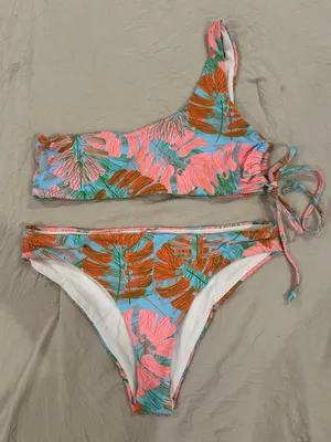 SHEIN Blue Pink Orange Tropical Leaf One-Shoulder Bikini thumbnail 1