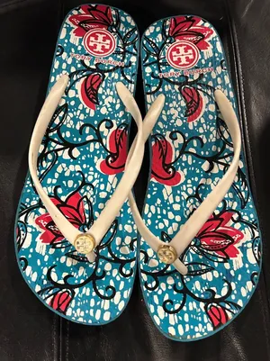 Tory Burch Blue Floral Flip Flop Sandals with Cream Straps large 9-10 thumbnail 1