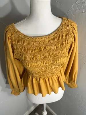 Free People mustard Yellow Smocked Peplum Blouse. thumbnail 5