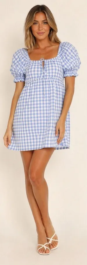 NWT Petal & Pup Blue Gingham Mini Dress Babydoll Smocked Cottagecore thumbnail 1