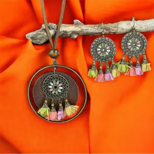 Boho Zinc Alloy Wood Retro Flower Design Tribal‎ Necklace & Earrings Set thumbnail 5