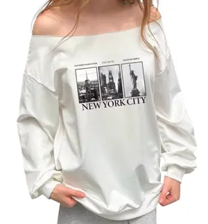 Shein Women’s XS White NYC Graphic Sweatshirt Off Shoulder Times Square Liberty thumbnail 1
