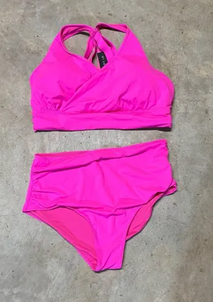 Tempt Me Hot Pink Crossover Cross-Back High Waisted Bikini Swimsuit thumbnail 1